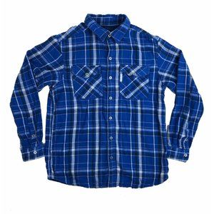 Columbia Blue Plaid Flannel Reversible Button Up Shirt Jacket Mens Large Cotton